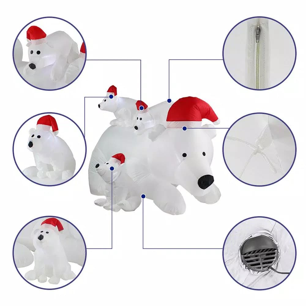 JOYDECOR 6 ft. Polar Bear Family Christmas Inflatable with LED Lights and Red Santa Hats