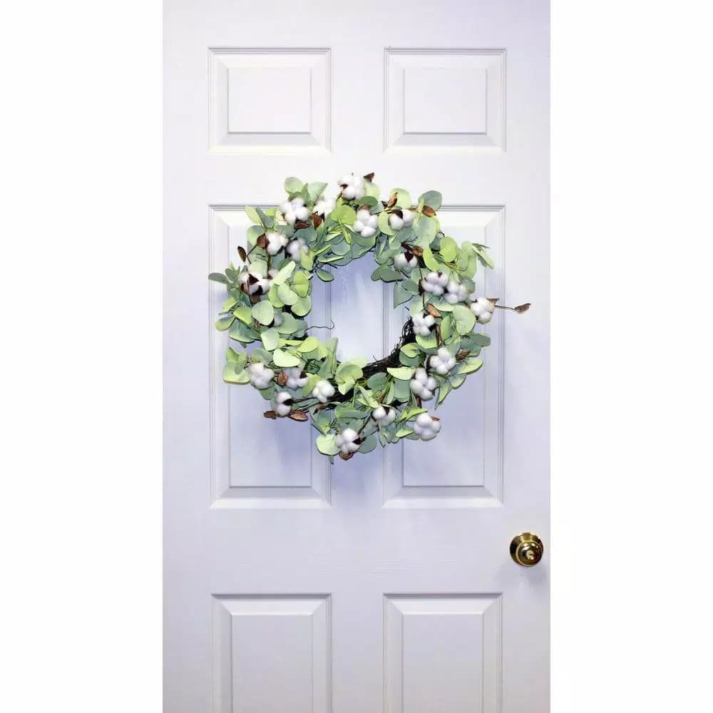 Worth Imports 24 in. Cotton and Seed Pod Wreath with Pale Green Leaves on Natural Twig Base