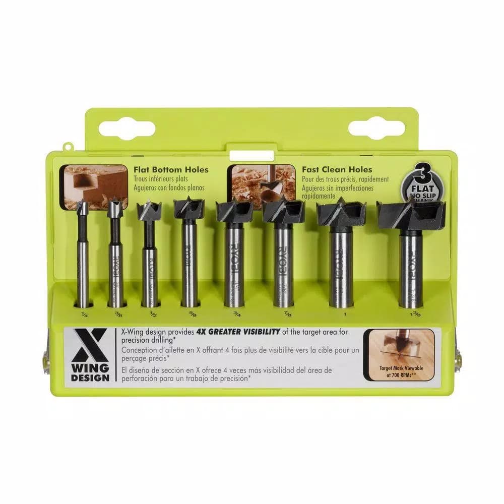 RYOBI 8-Piece Forstner Bit Set with X-Wing Design and 3-Flat Shanks