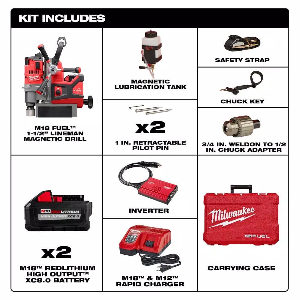 Milwaukee M18 FUEL 1-1/2 in. Lineman Magnetic Drill Kit with (2) 8.0 Ah Batteries
