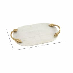 LITTON LANE 20 in. White Marble Oval Decorative Tray with Gold Leaf and Vine Aluminum Handles thumbnail 5