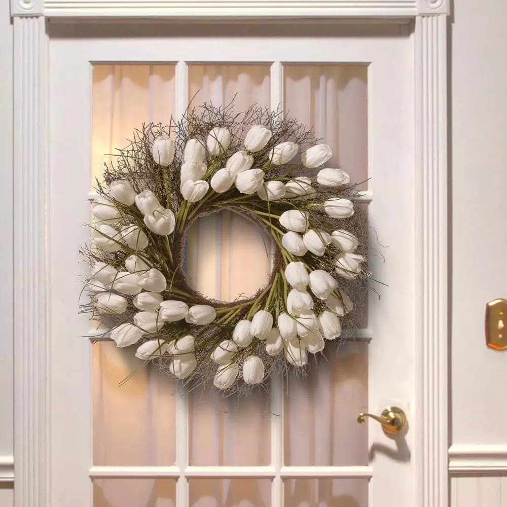 National Tree Company 24 in. White Tulip Wreath with Green Stems and Bristle Branch Base