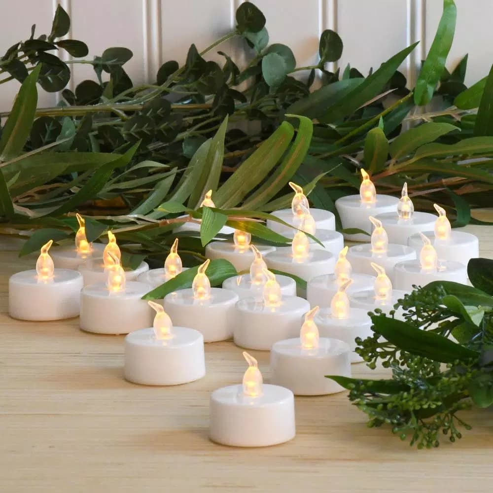 LUMABASE Amber LED Tea Light Candles - Battery Operated Flickering Flameless Set (24-Count)