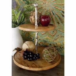 LITTON LANE 2-Tiered Round Mango Wood and Aluminum Tray Stand, Oak Finish thumbnail 6