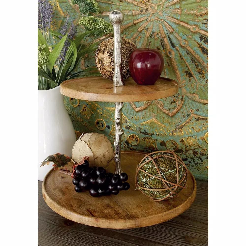 LITTON LANE 2-Tiered Round Mango Wood and Aluminum Tray Stand, Oak Finish