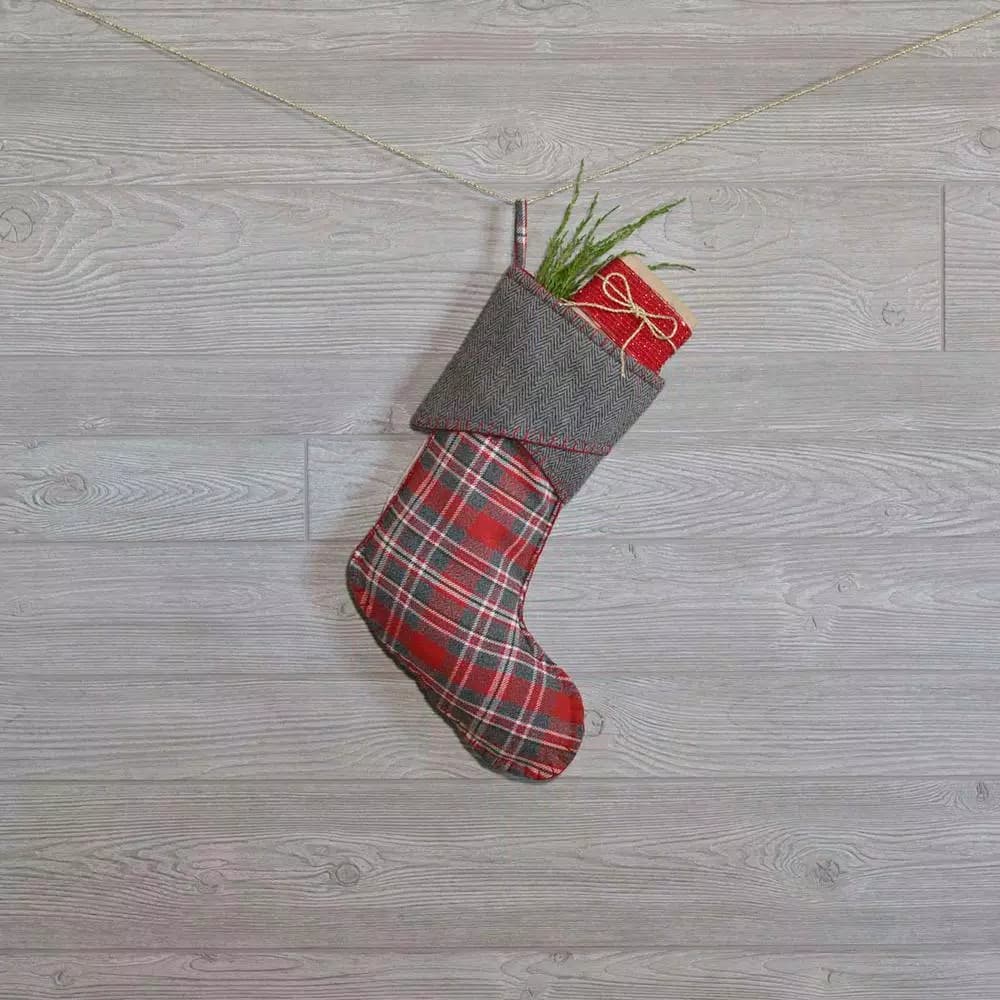 VHC Brands Anderson 15 in. Rustic Christmas Stocking - Cherry Red & Iron Grey Plaid