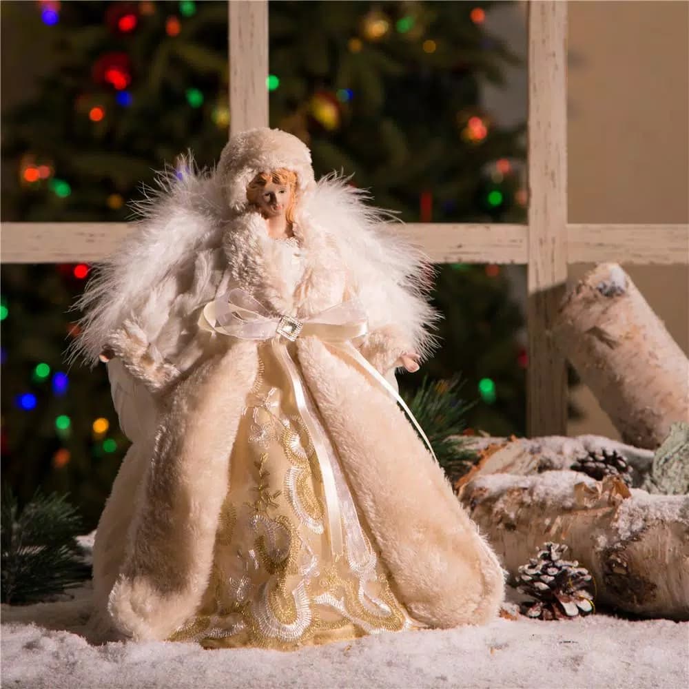 Glitzhome 12 in. White Faux Fur Angel Christmas Tree Topper Figurine