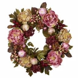 Nearly Natural 24 in. Red Peony Hydrangea Wreath with Berries and Greenery thumbnail 1