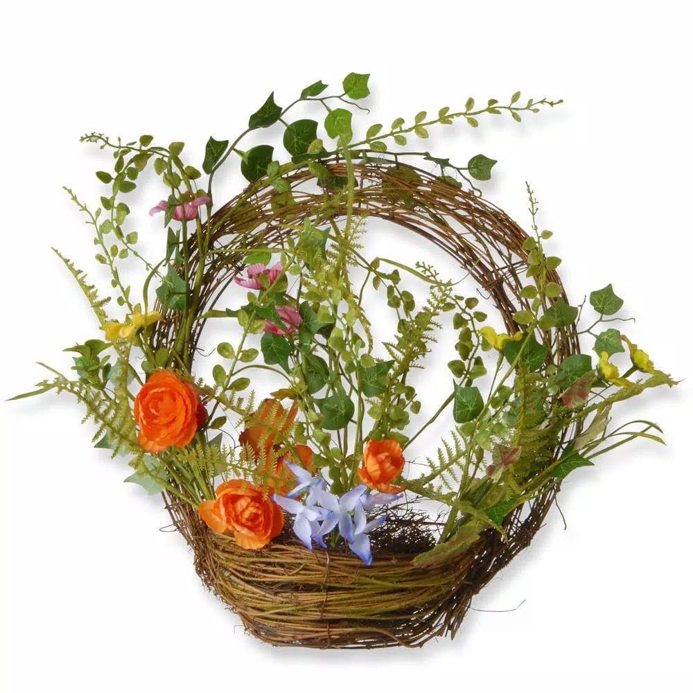 National Tree Company 16 in. Spring Wreath with Woven Branch Twig Half Basket and Mixed Flowers