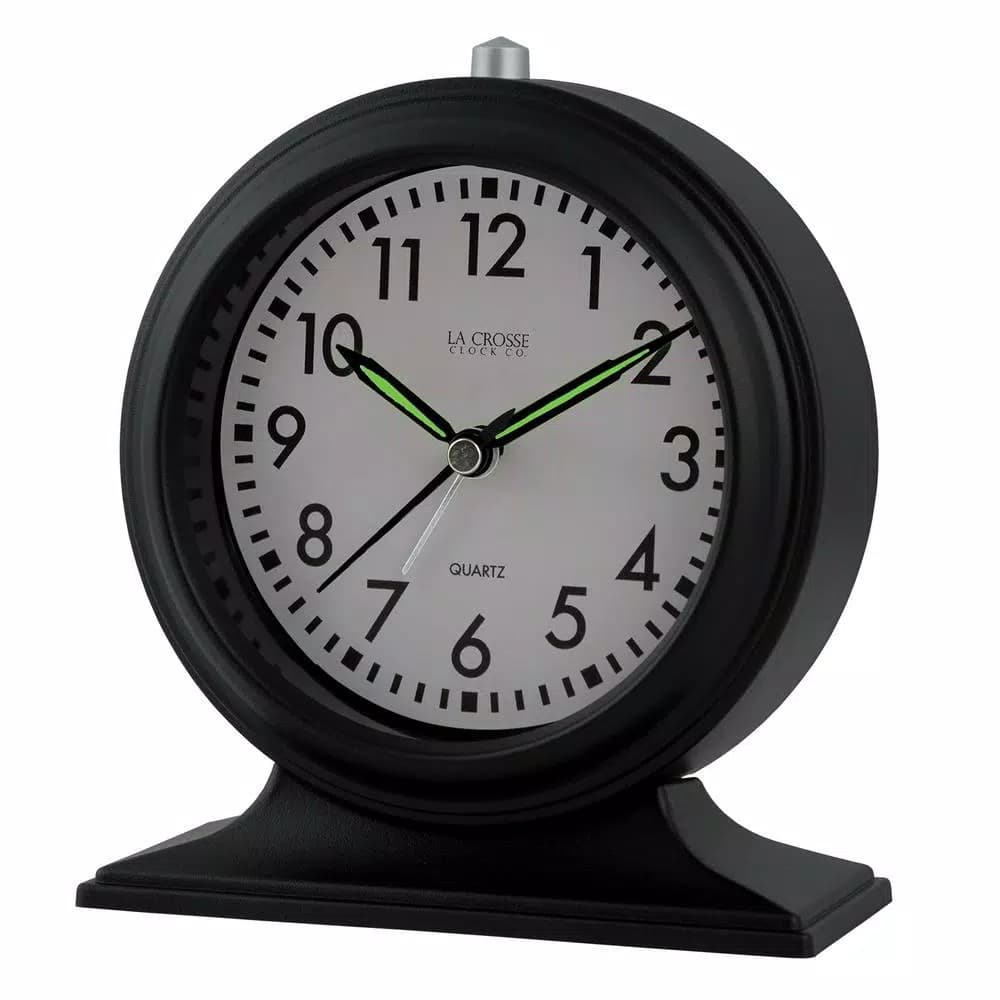 La Crosse Clock Co. Silent Sweep Black Mantel Alarm Clock with Luminous Hands