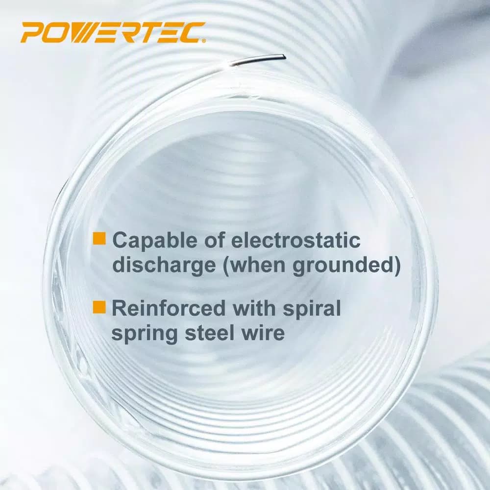 POWERTEC 4 in. x 10 ft. Flexible PVC Dust Collection Hose with 2 Stainless Steel Key Clamps, Clear