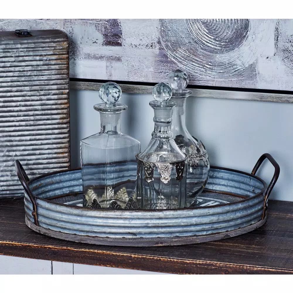 LITTON LANE Distressed Silver Galvanized Iron Decorative Trays with Handles, Set of 2