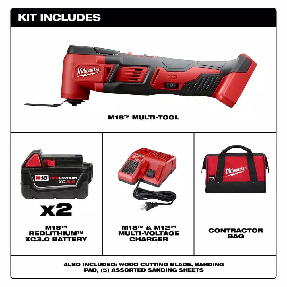 Milwaukee M18 18V Lithium-Ion Cordless Oscillating Multi-Tool Kit with (2) 3.0Ah Batteries, Charger, and Accessories
