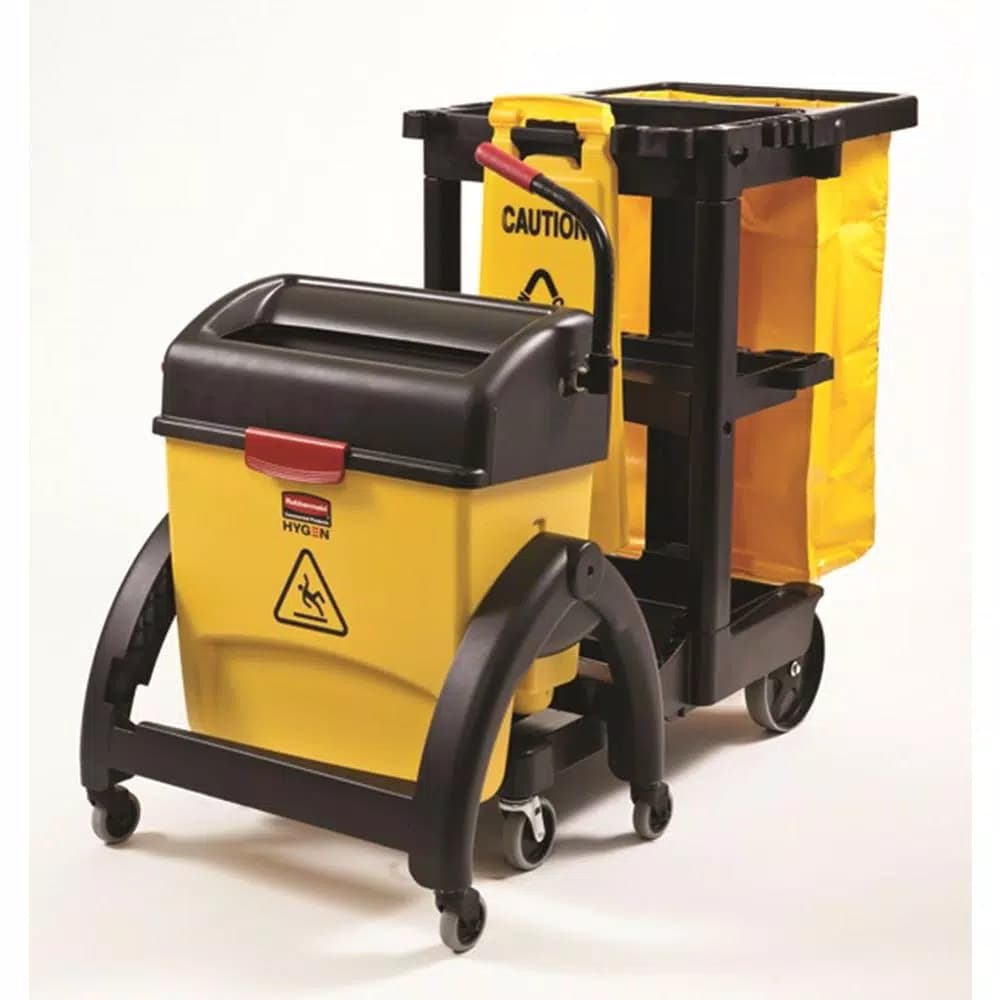 Rubbermaid Commercial Products Commercial Plastic Cleaning Cart with 3 Shelves and Zippered Yellow Vinyl Bag
