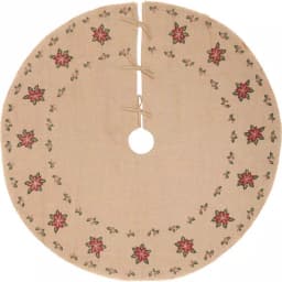 VHC Brands 55 in. Jute Burlap Poinsettia Holiday Tree Skirt - Natural Tan with Holly Berries thumbnail 1