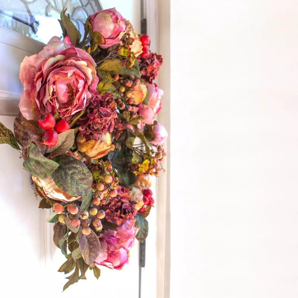 Nearly Natural 24 in. Red Peony Hydrangea Wreath with Berries and Greenery