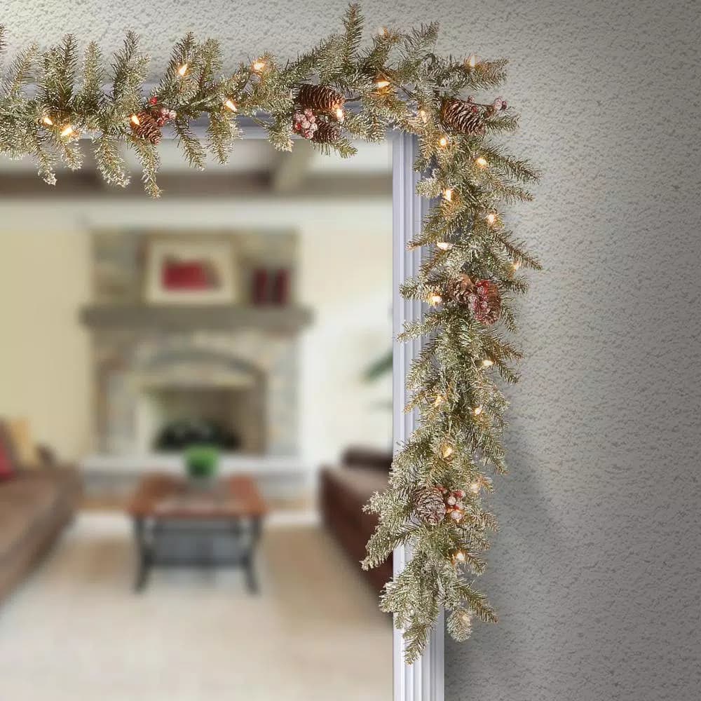 Unbranded 9 ft. Dunhill Fir Artificial Garland with 50 Clear Lights, Red Berries, and Pine Cones