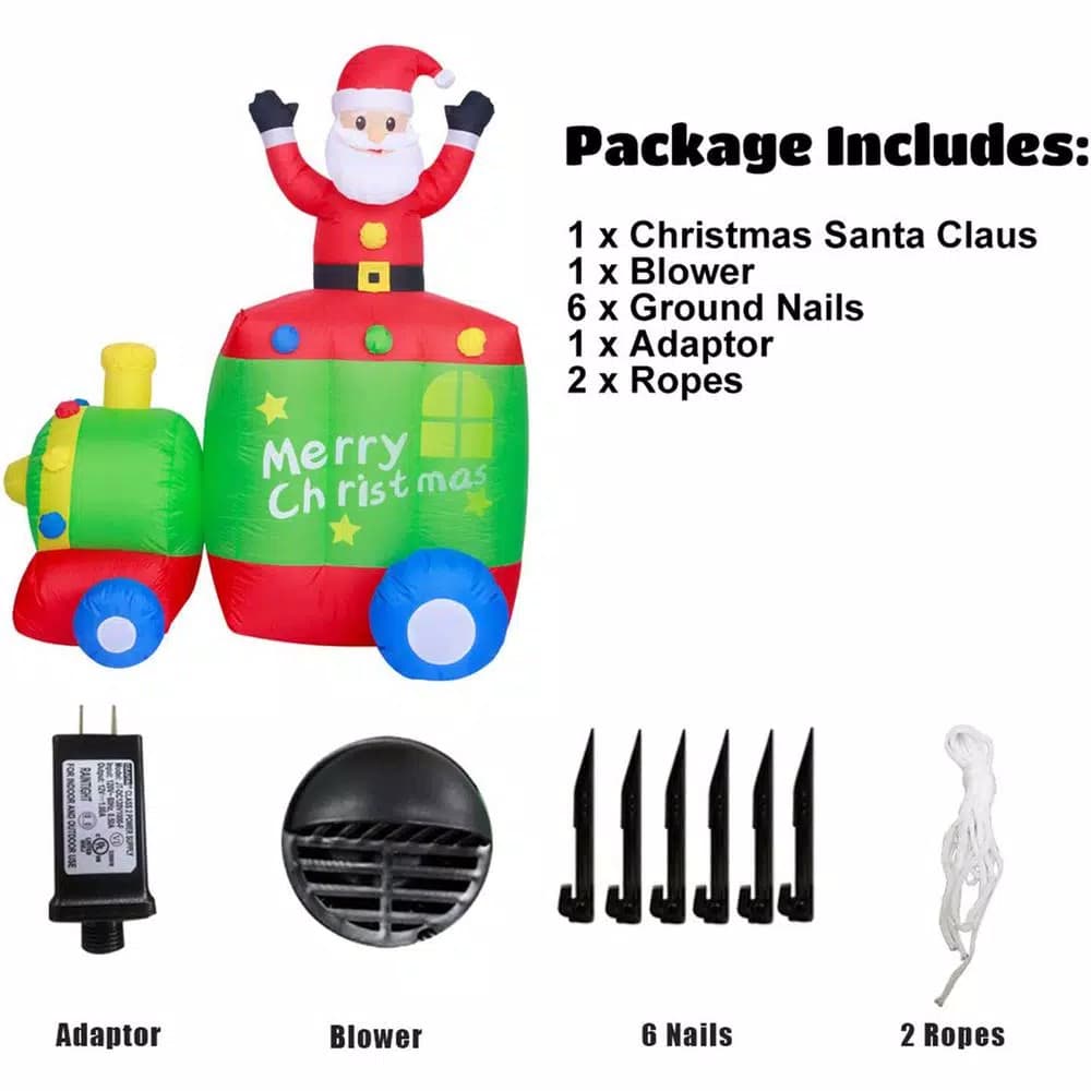 JOYDECOR 6 ft. Santa Claus on Train Christmas Inflatable with Built-in LED Lights