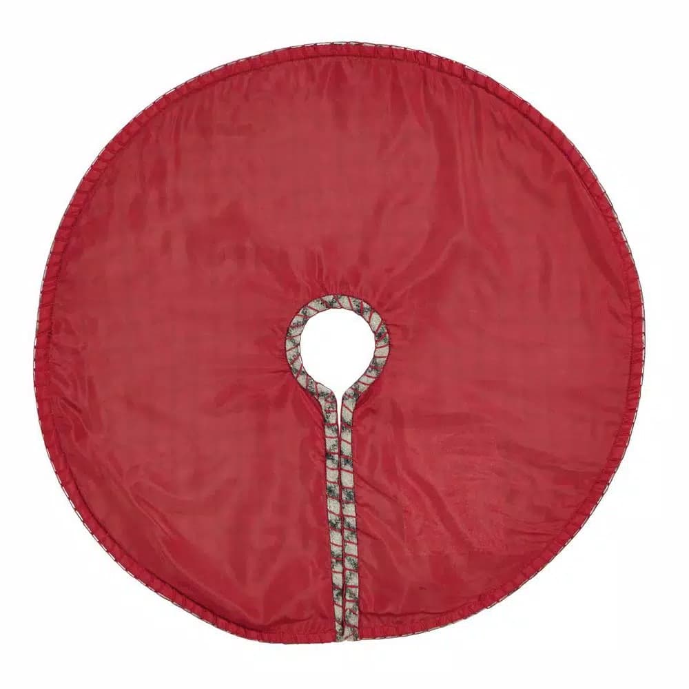 VHC Brands Weston 21 in. Slate Grey Windowpane Plaid Christmas Tree Skirt with Cherry Red Trim