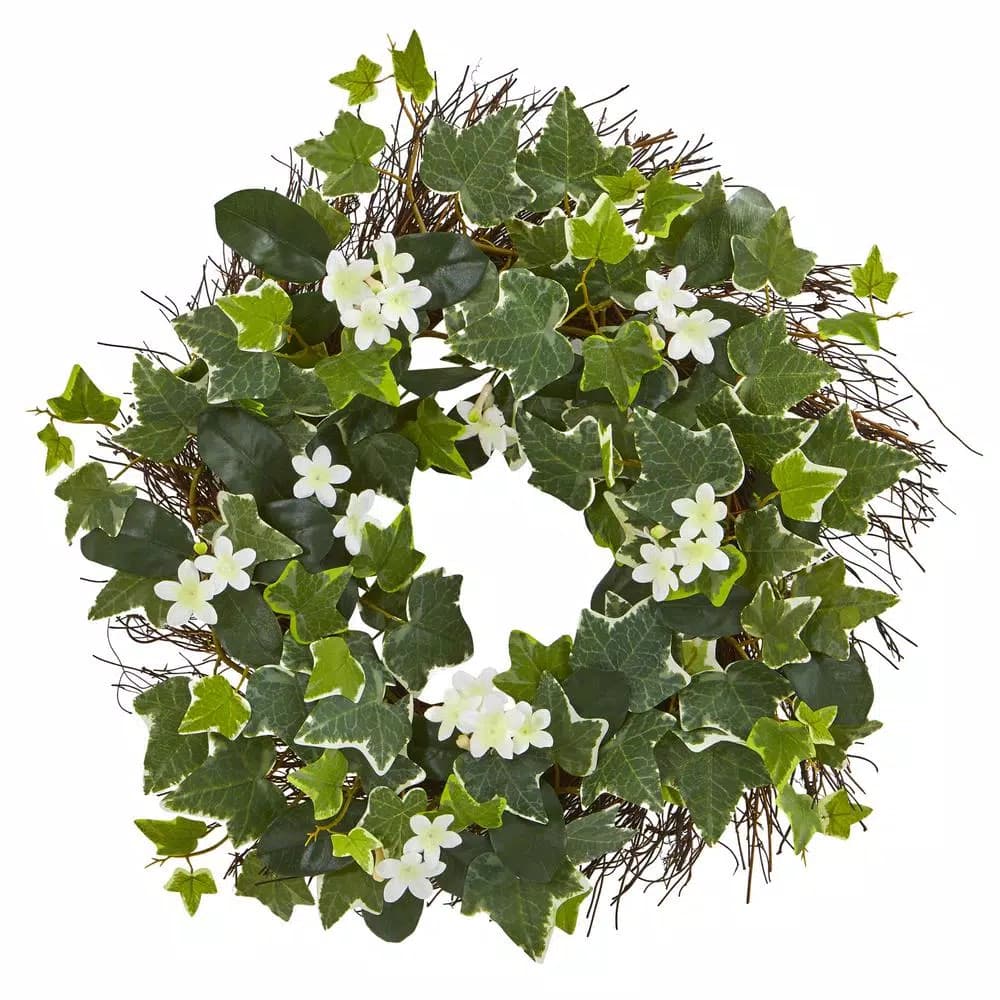 Nearly Natural 20 in. Variegated Sage Ivy and Stephanotis Artificial Wreath