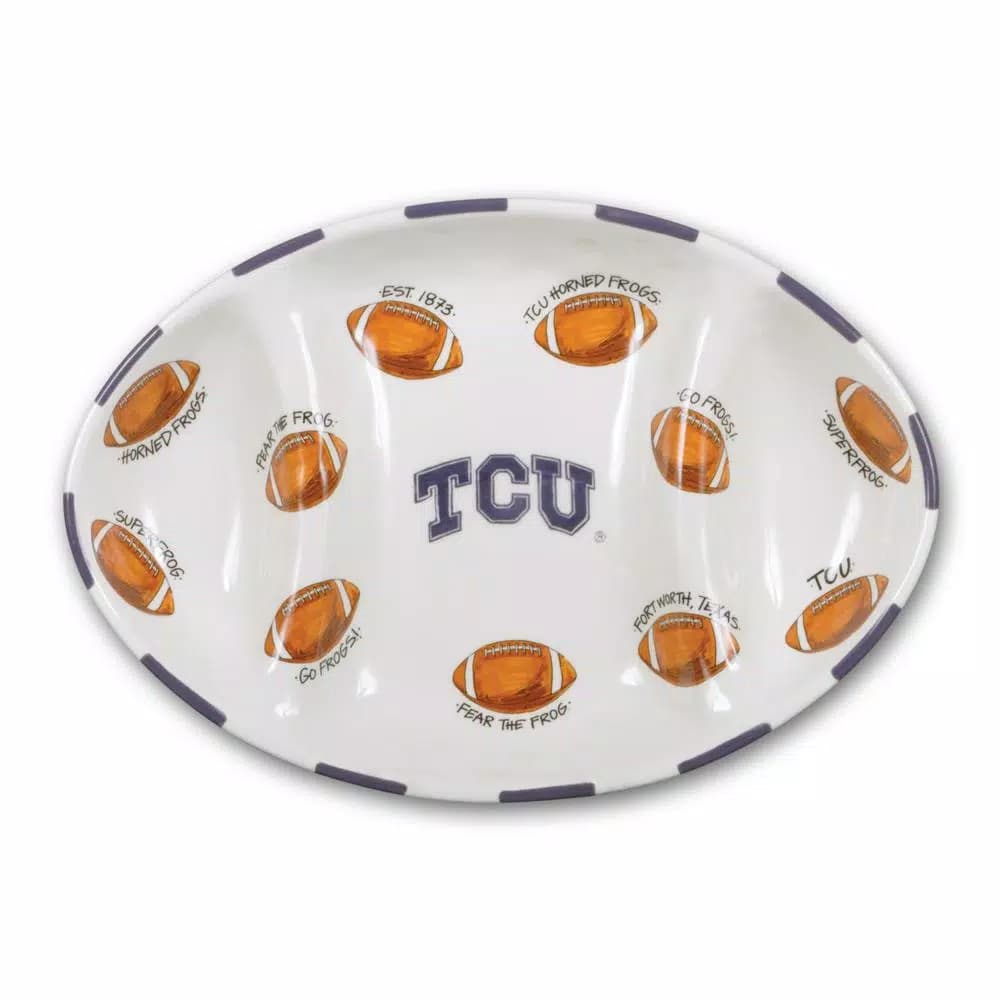 Magnolia Lane TCU Ceramic Football Tailgating Serving Platter, 3-Section Divided Oval Tray