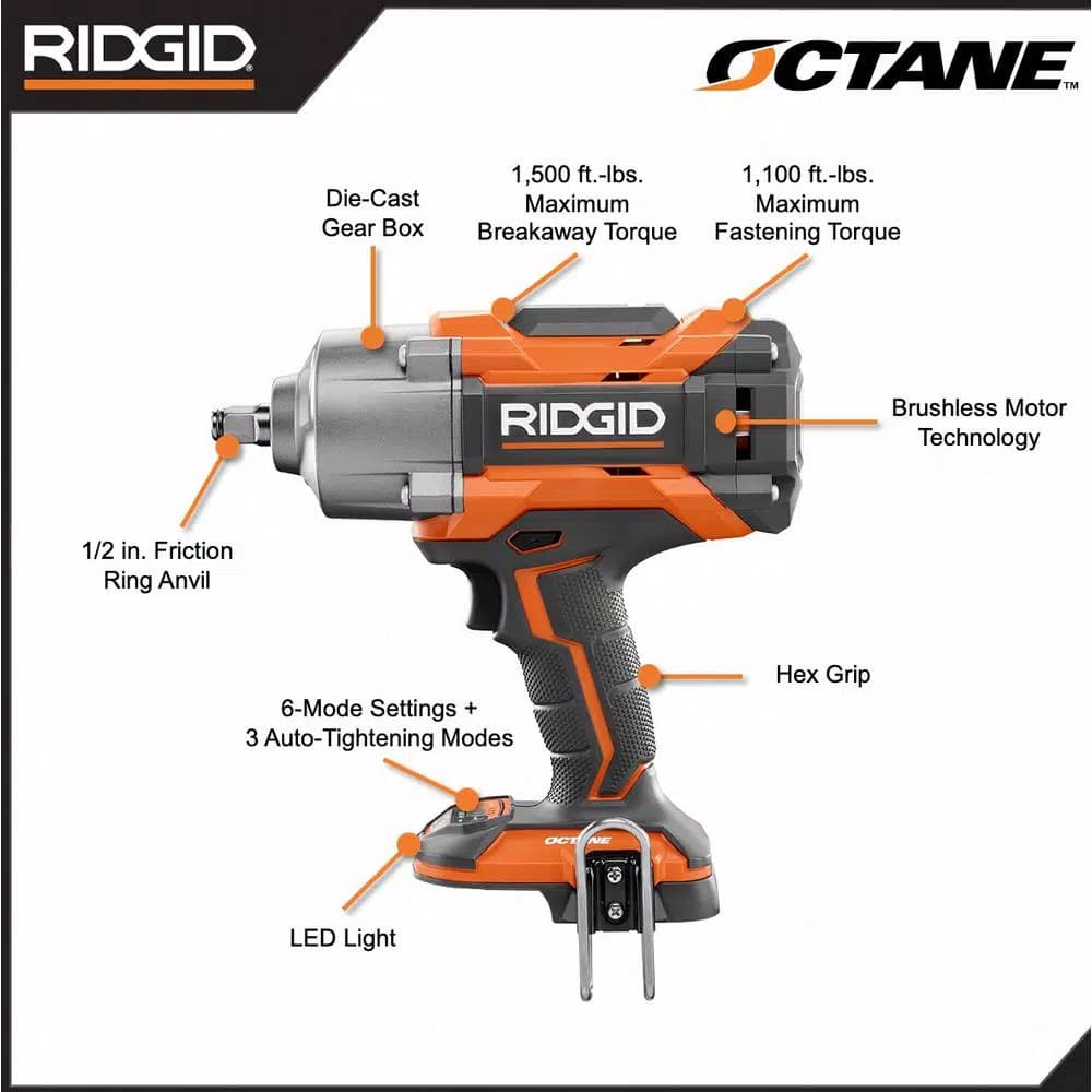 RIDGID 18V OCTANE Brushless 1/2 in. High Torque 6-Mode Impact Wrench (Tool-Only)