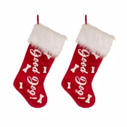 Glitzhome 21 in. Red Polyester Velvet Christmas Stockings with Plush Cuff - Good Dog Print (2-Pack) thumbnail 1
