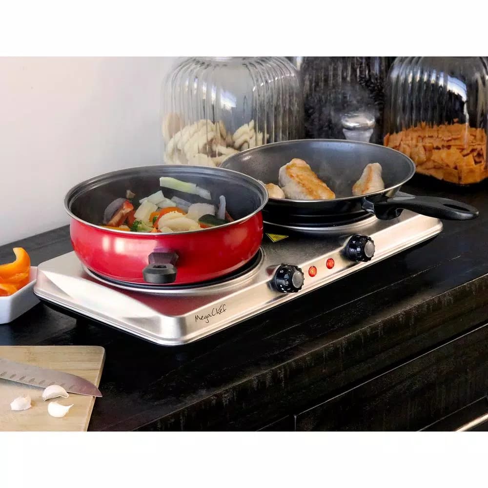 MegaChef 2-Burner Infrared Electric Hot Plate Cooktop, 1700W, Sleek Steel