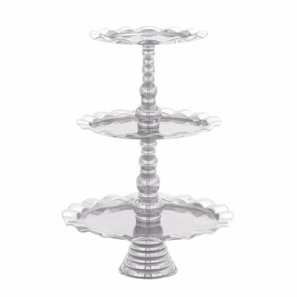 LITTON LANE 24 in. Polished Silver Aluminum 3-Tier Wavy-Ribbon-Rimmed Round Tray Stand
