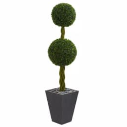 Nearly Natural 5 ft. Artificial Double Ball Boxwood Topiary Tree in Slate Planter with River Rocks thumbnail 1