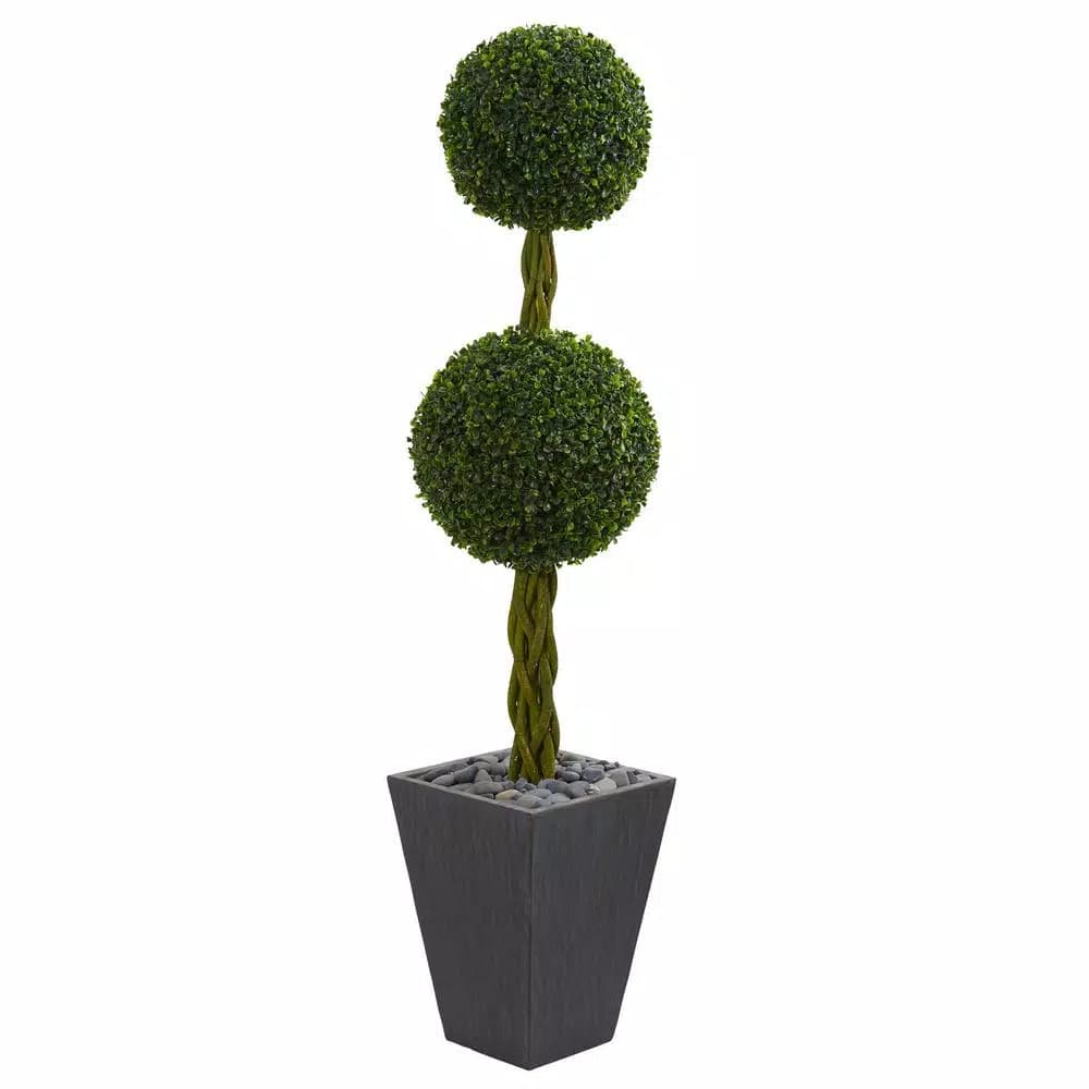 Nearly Natural 5 ft. Artificial Double Ball Boxwood Topiary Tree in Slate Planter with River Rocks