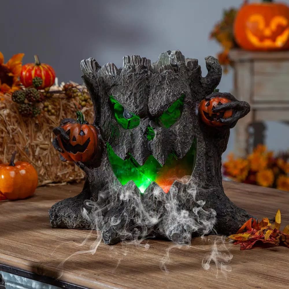 Gerson 12.4 in. Electric Smoking Haunted Tree Stump Halloween Tabletop Decor with Color Changing LED Lights