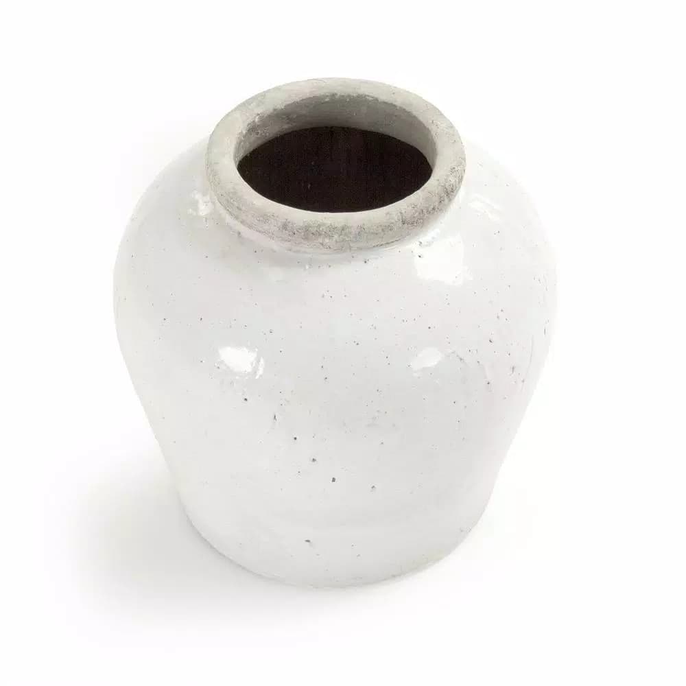 Zentique Terracotta Glazed Large Ceramic Decorative Vase - Distressed White Round Table Vase