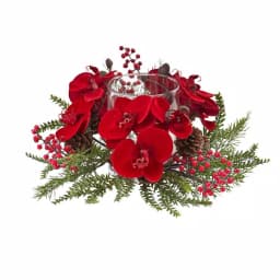 Nearly Natural 6 in. Orchid, Berry and Pine Holiday Candle Candelabrum - Red Indoor Tabletop Decor thumbnail 1