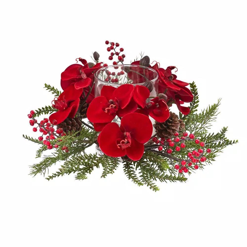 Nearly Natural 6 in. Orchid, Berry and Pine Holiday Candle Candelabrum - Red Indoor Tabletop Decor