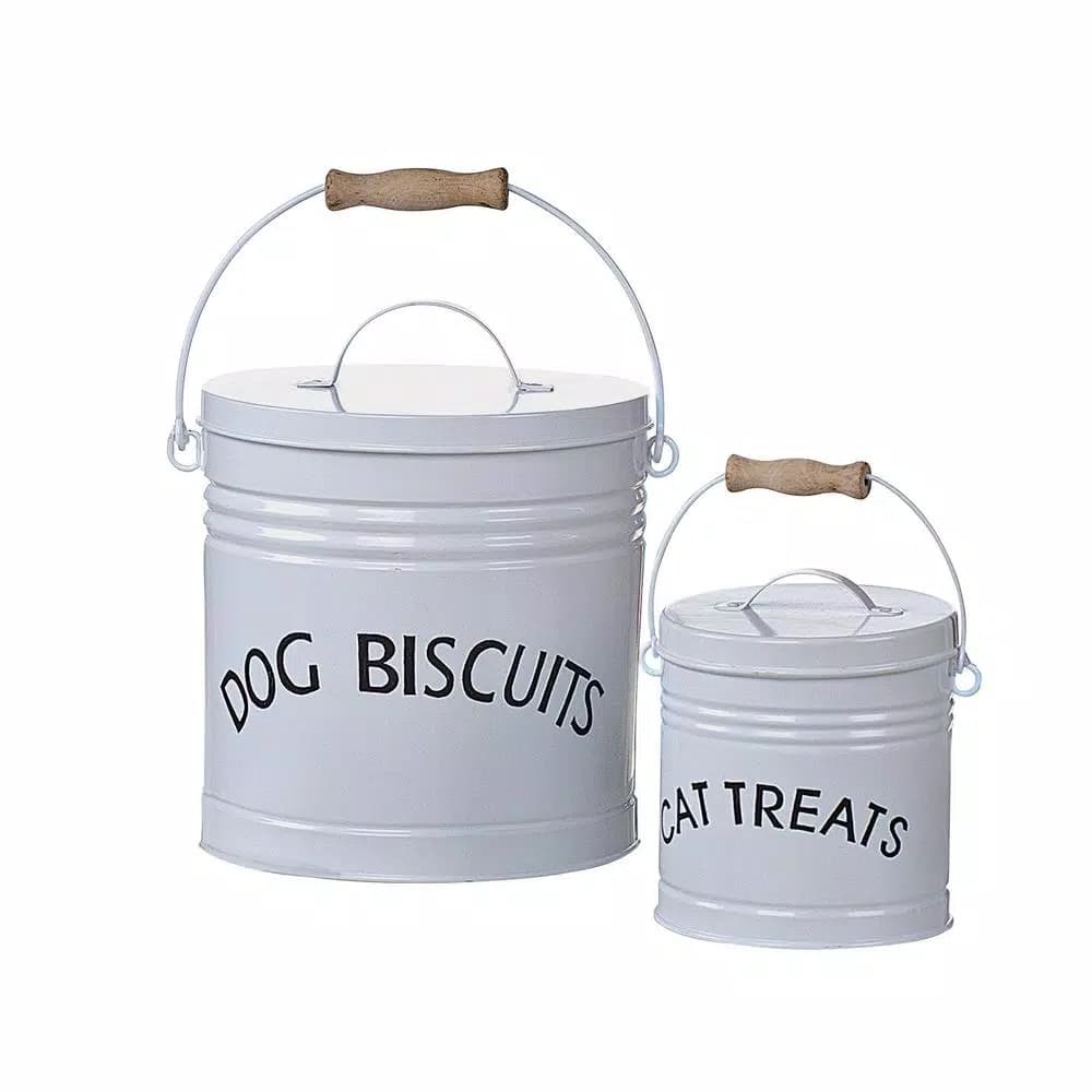 3R Studios White Ceramic Enameled Pet Treat Containers, Farmhouse Style, Set of 2