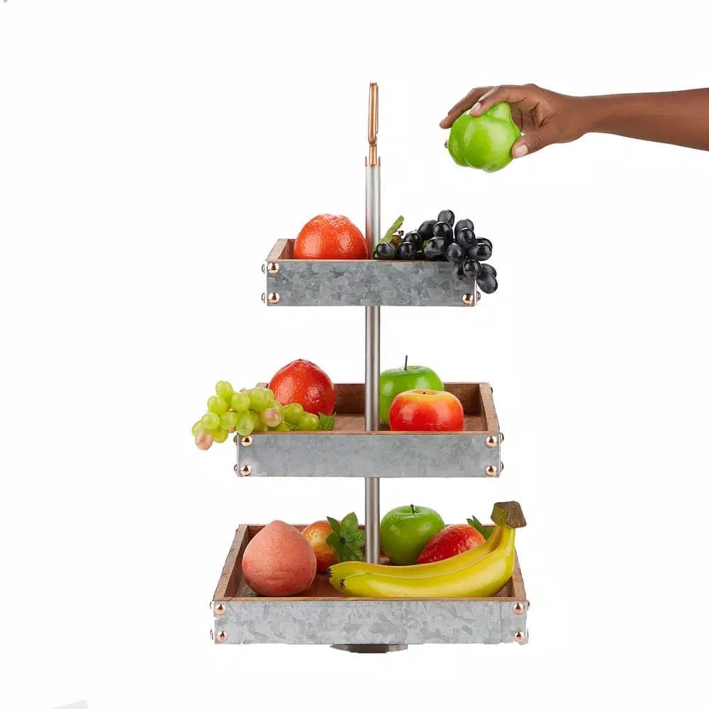 Mind Reader Products 3-Tier Silver Cake Stand, Galvanized Steel & Wood Dessert Display with Handle