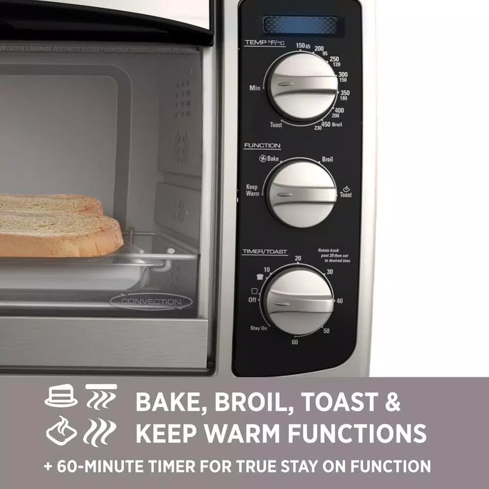 BLACK+DECKER 1500W 6-Slice Stainless Steel Convection Toaster Oven with Broiler Pan