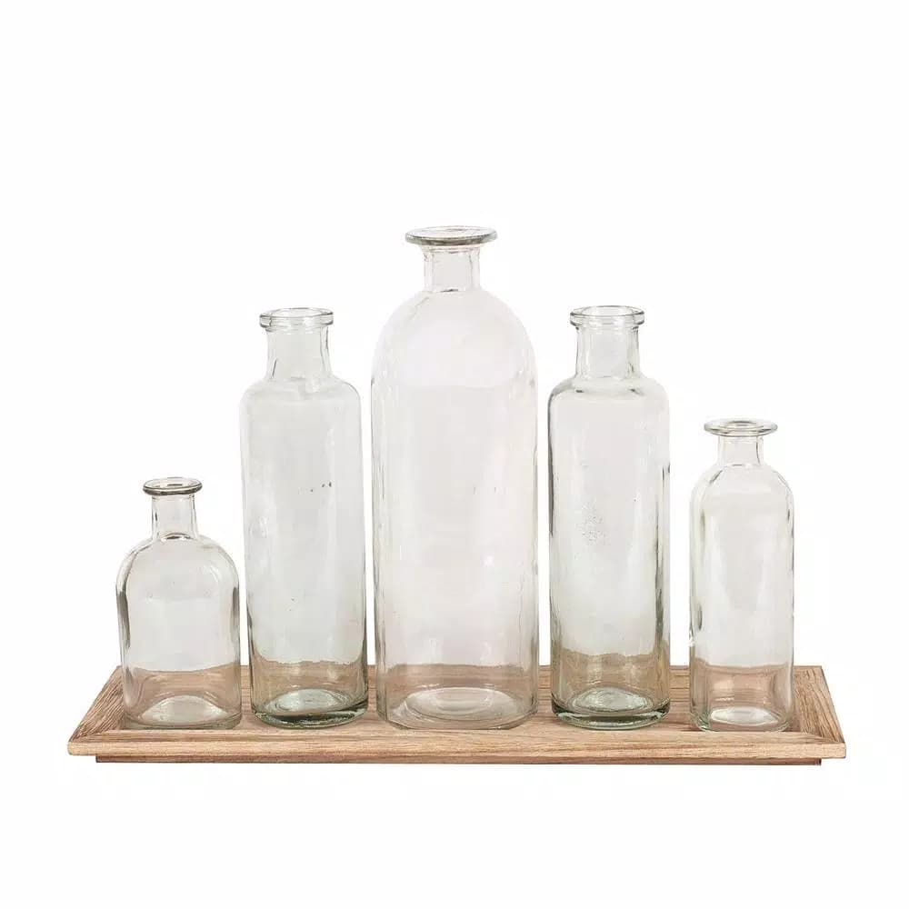 3R Studios 6-Piece Glass Bottle Vase Set with Wood Tray - Farmhouse Style Decorative Centerpiece