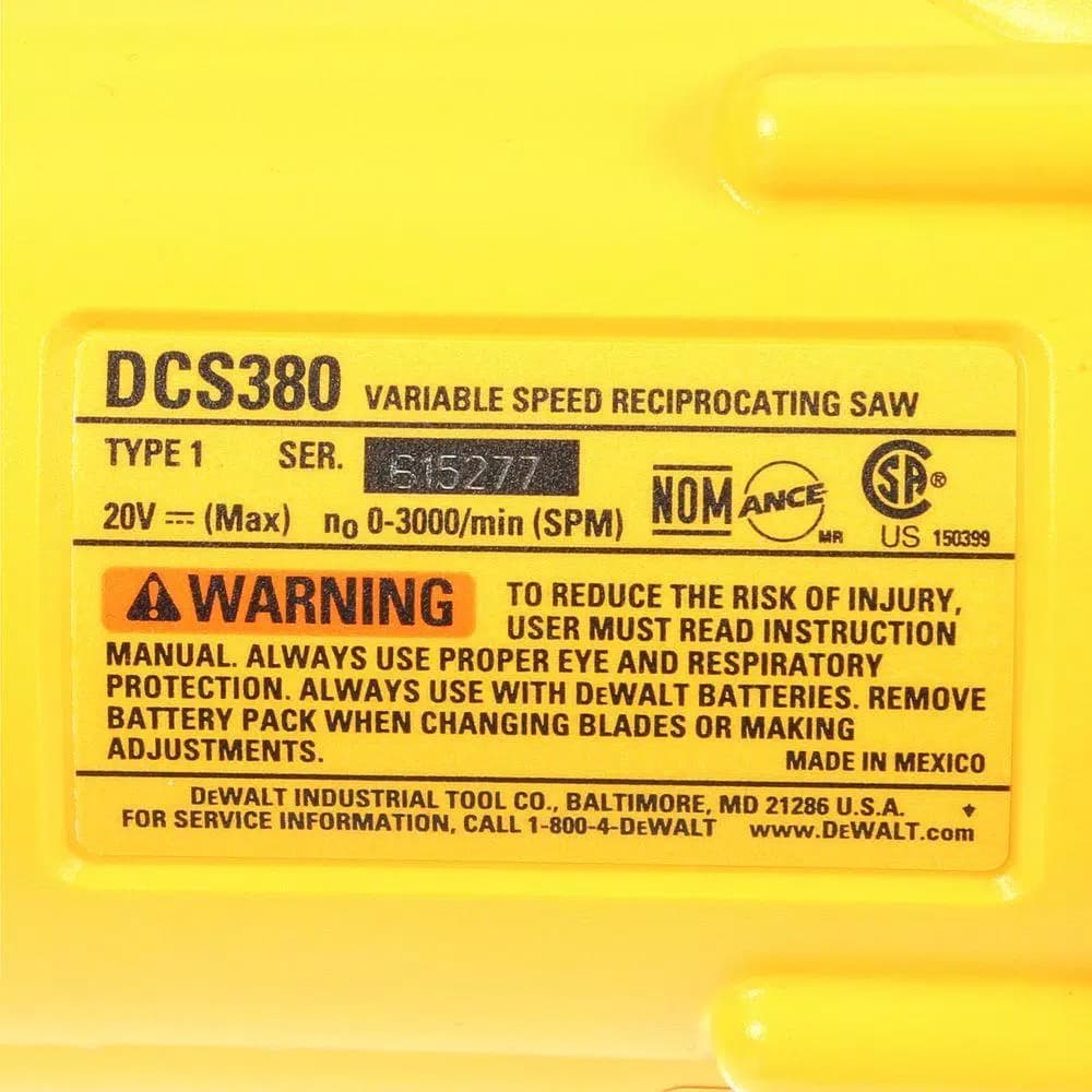 DEWALT DCS380B 20V MAX Cordless Reciprocating Saw (Tool-Only)