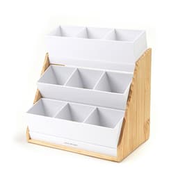 Mind Reader 9-Compartment White Condiment Organizer with Natural Wood Bamboo Base thumbnail 1