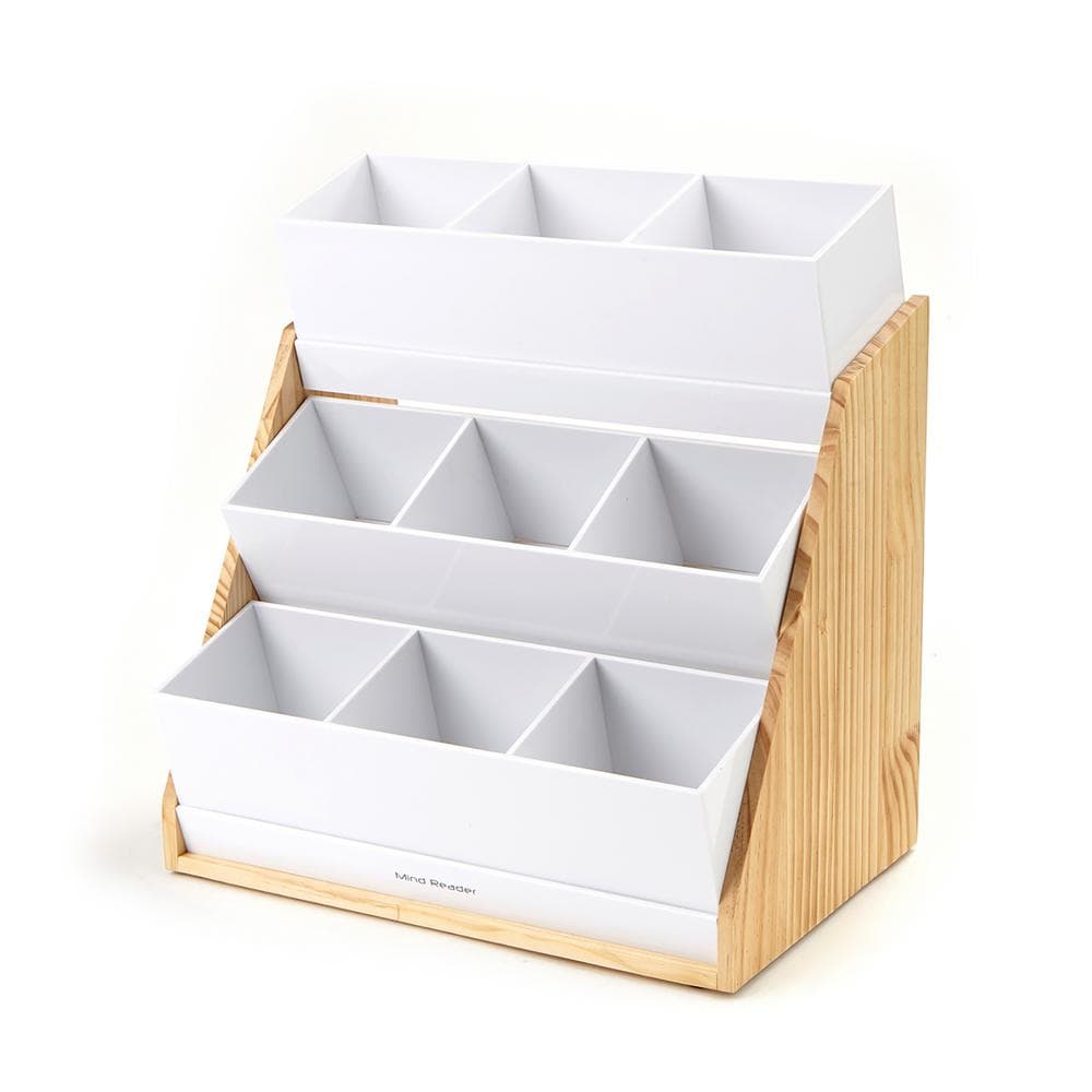 Mind Reader 9-Compartment White Condiment Organizer with Natural Wood Bamboo Base