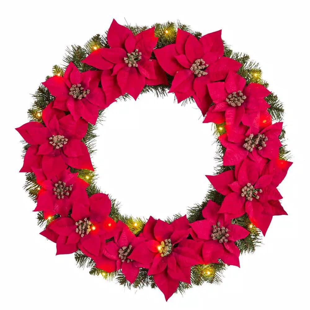 Home Accents Holiday 30 in. Berry Bliss Pre-Lit LED Artificial Christmas Wreath with Red Poinsettias