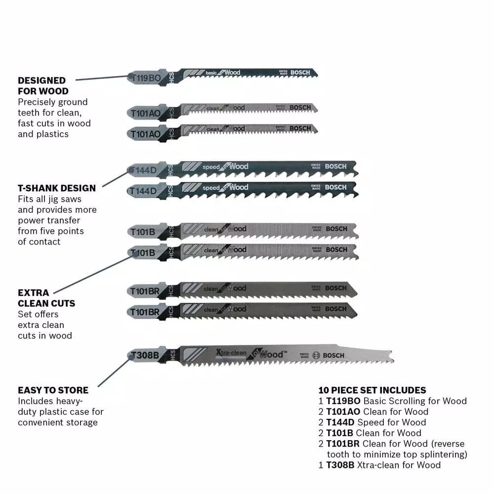 Bosch T-Shank Jigsaw Blade Assortment Set for Wood, 10-Pack