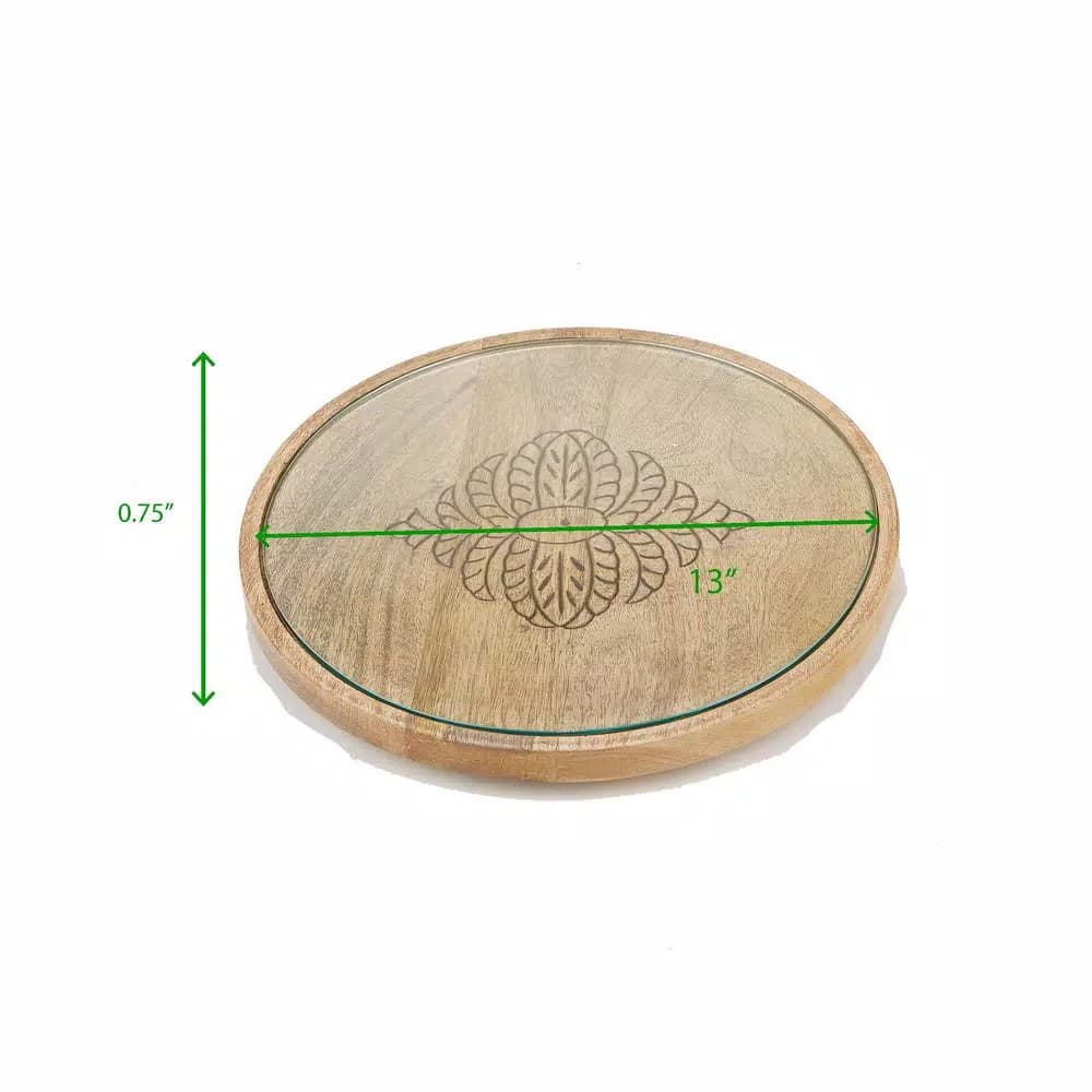 Mind Reader Round Bamboo Cheese Platter with Glass Top - Decorative Wooden Serving Tray