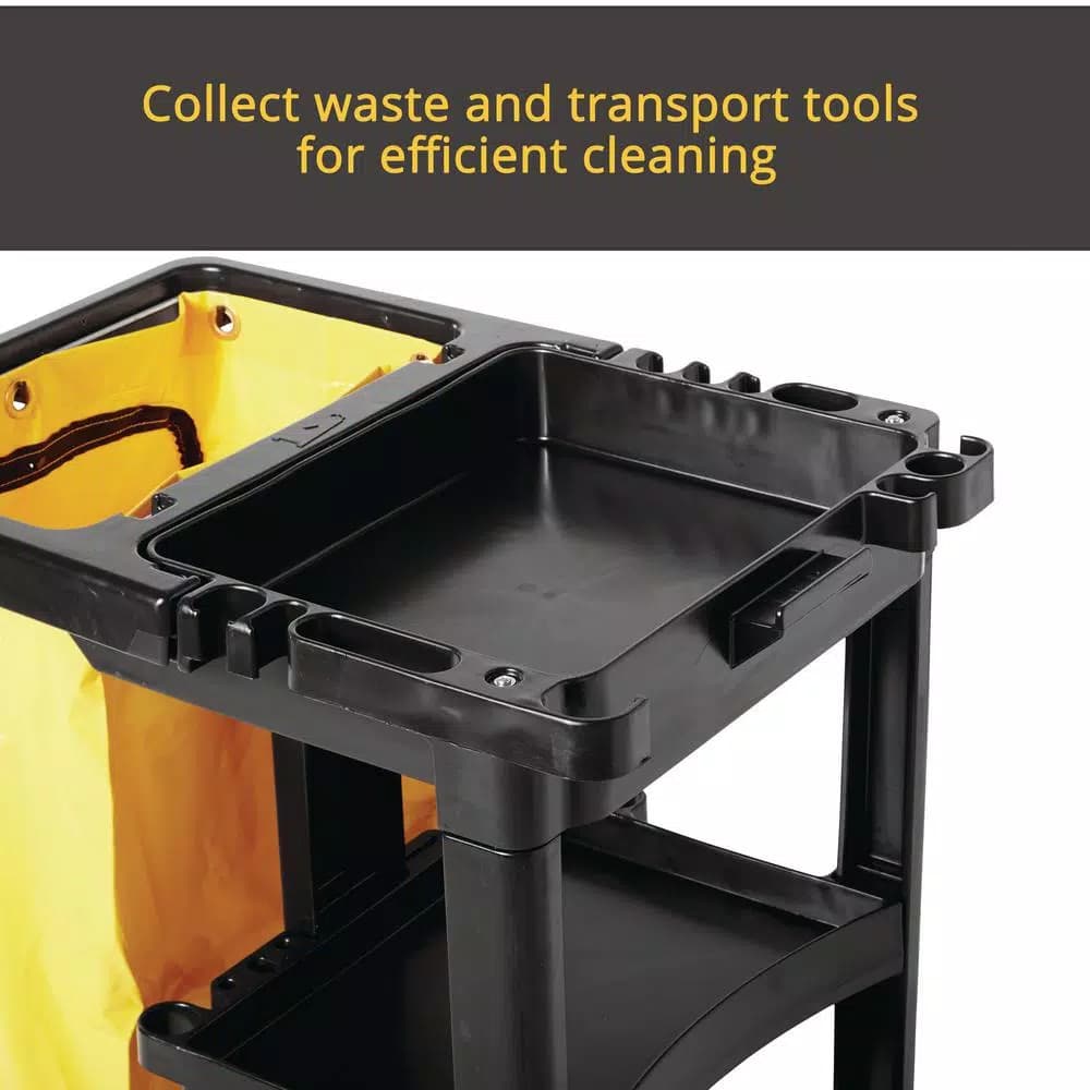 Rubbermaid Commercial Products Commercial Plastic Cleaning Cart with 3 Shelves and Zippered Yellow Vinyl Bag