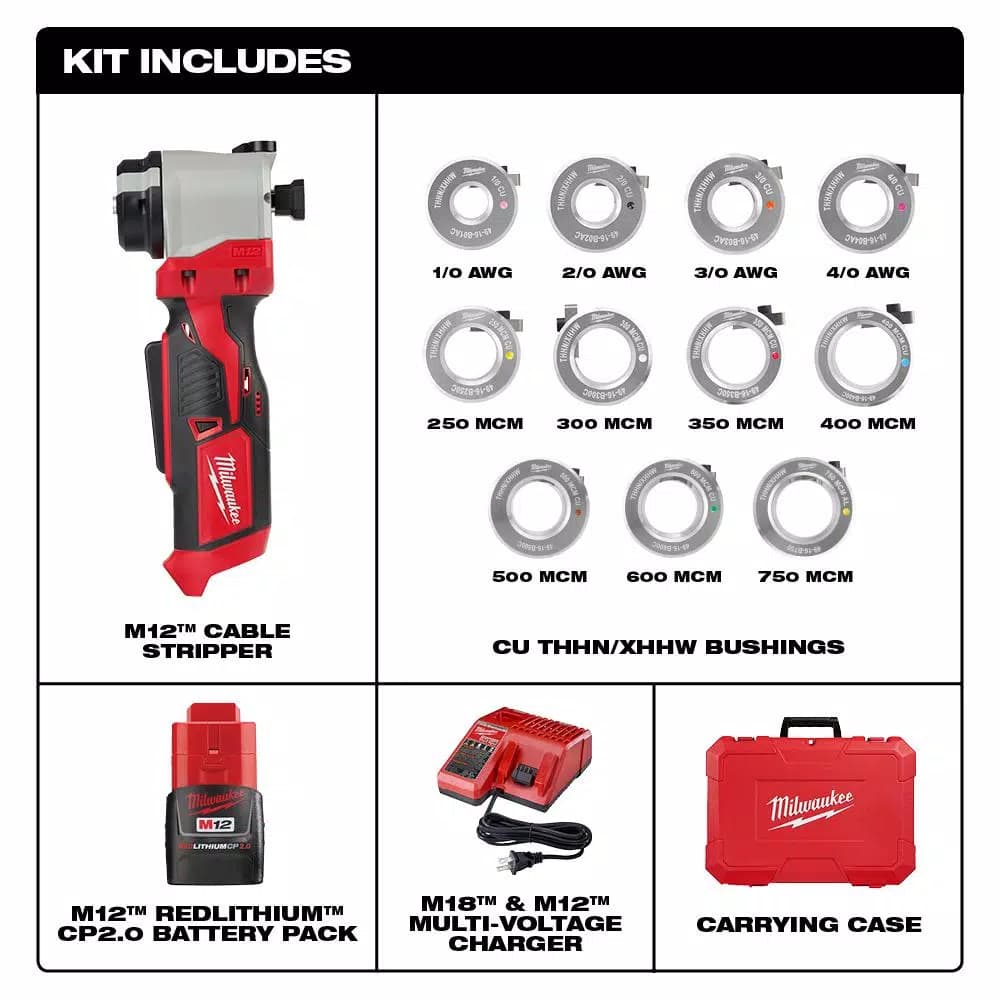Milwaukee M12 Cordless Cable Stripper Kit for Cu THHN/XHHW Wire, 12V Lithium-Ion