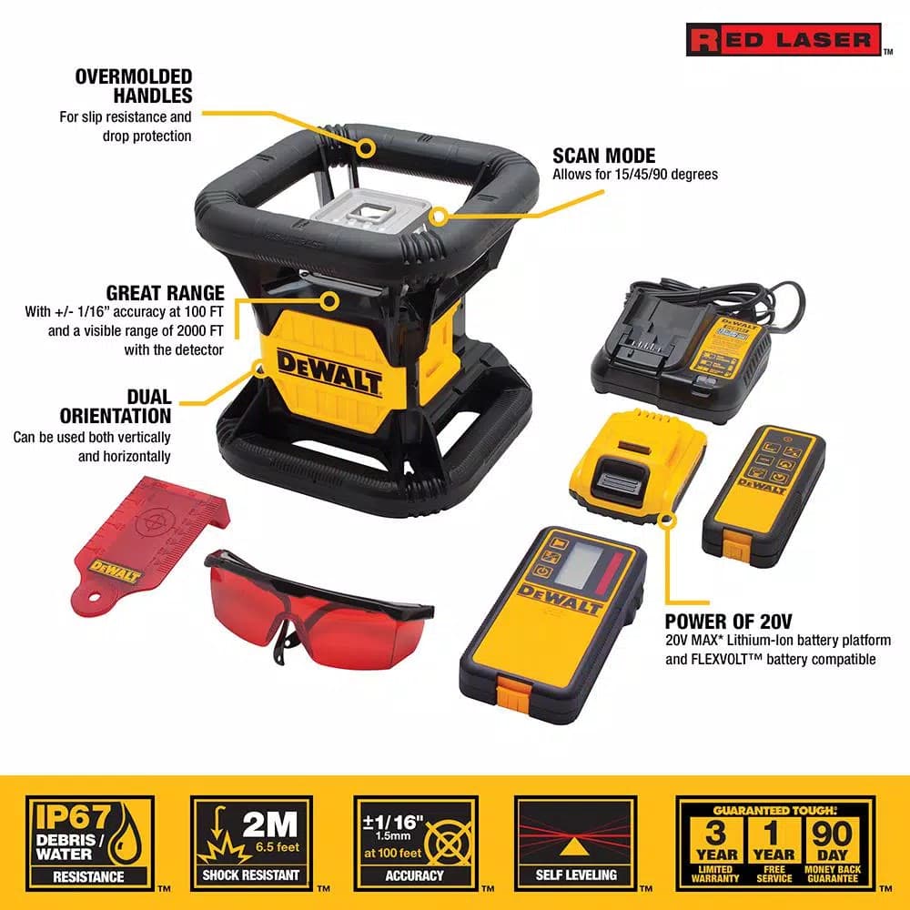 DEWALT 20V MAX Red Self-Leveling Rotary Laser Level Kit with Detector and TSTAK Case