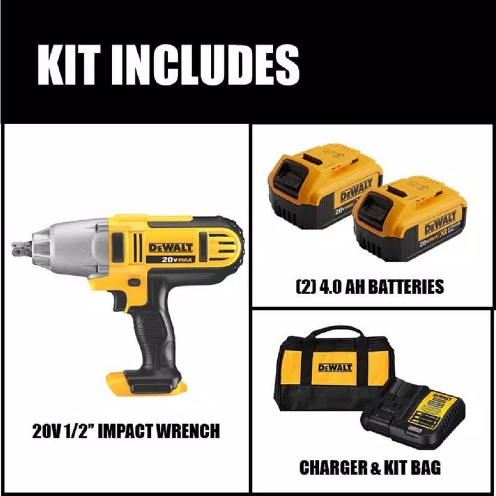 DEWALT 20V MAX Cordless 1/2 in. High Torque Impact Wrench Kit with (2) 4.0 Ah Batteries & Charger