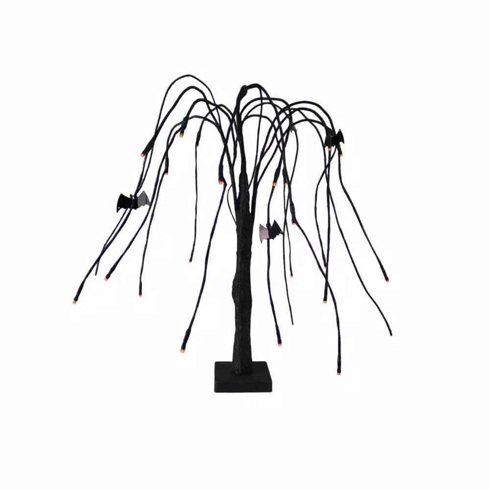 Northlight 24 in. Pre-Lit Black Glitter Halloween Cascading Willow Tree with Bats and Orange LED Lights
